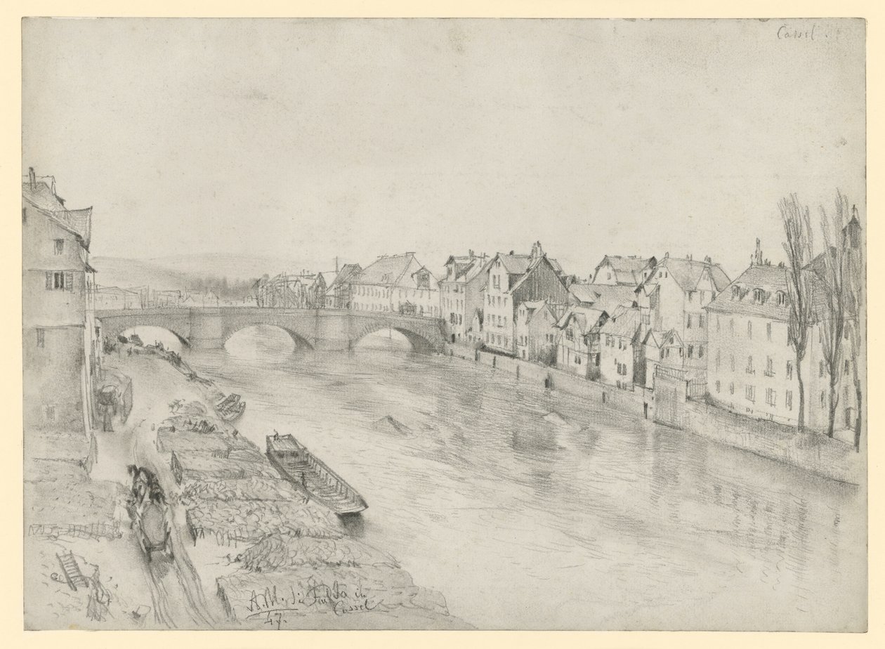 De Fulda in Kassel. Rivierlandschap met brug en huizen door Adolph Menzel