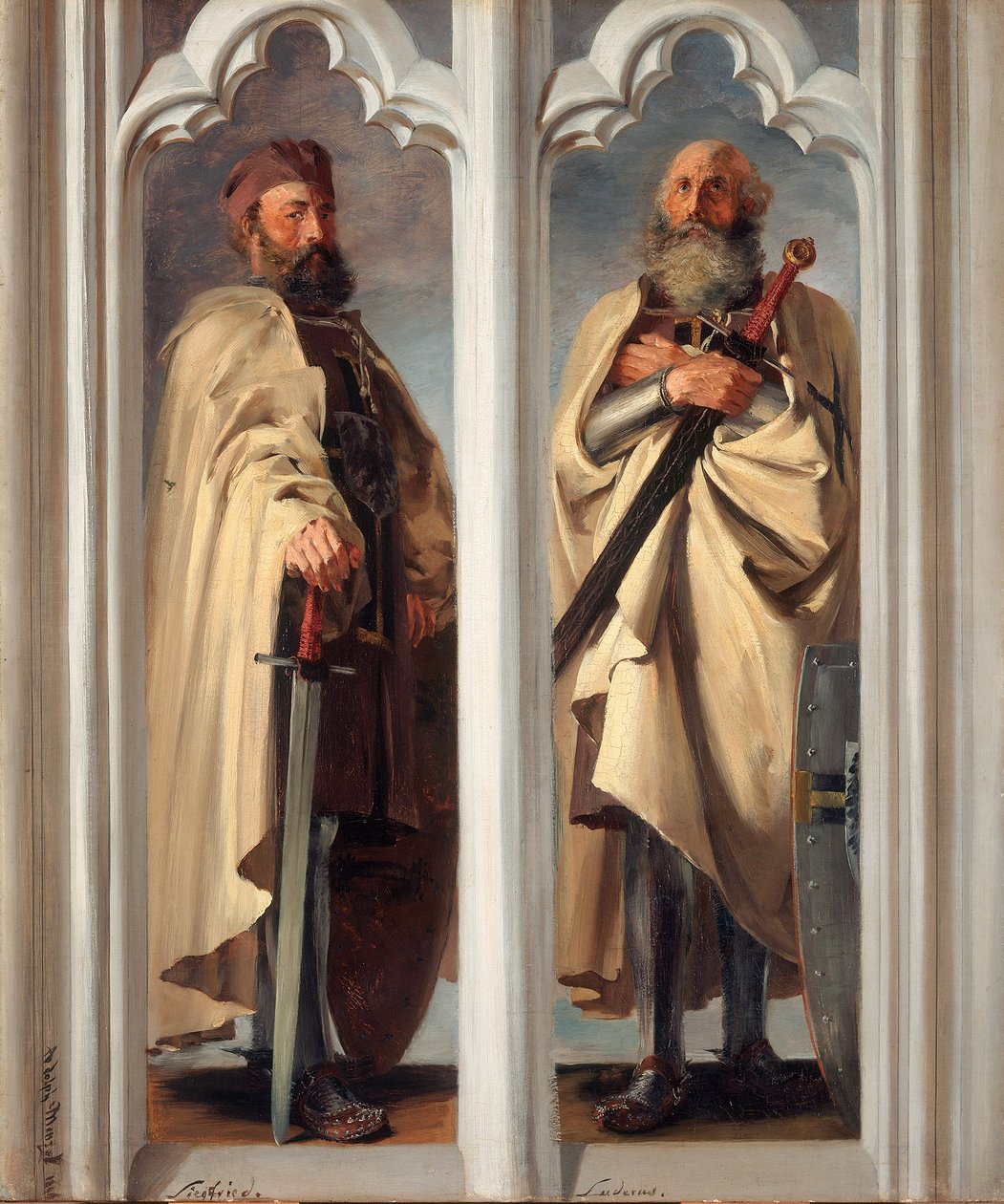 De grootmeesters Siegfried von Feuchtwangen en Ludger von Braunschweig. Ontwerp voor schilderijen in de Marienburg door Adolph Menzel