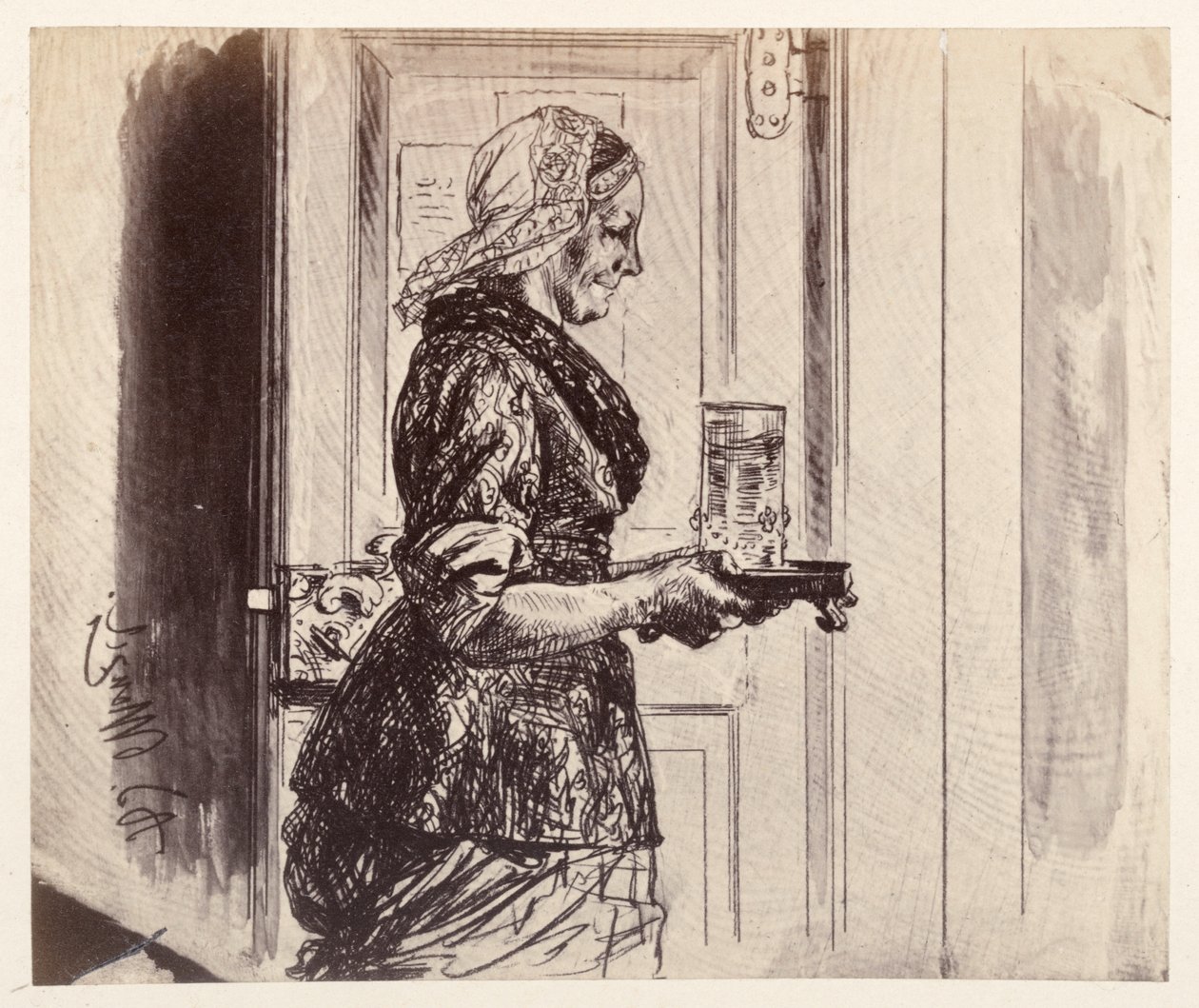 De dienstmeid komt de rechtszaal binnen met het glas water dat Adam haar heeft opgedragen te brengen, uit „De gebroken kruik“ van Heinrich von Kleist door Adolph Menzel