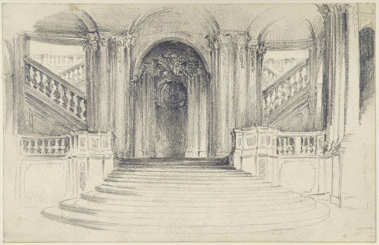 De trap aan de binnenplaatszijde van het Wallpavillon in de Zwinger in Dresden door Adolph Menzel