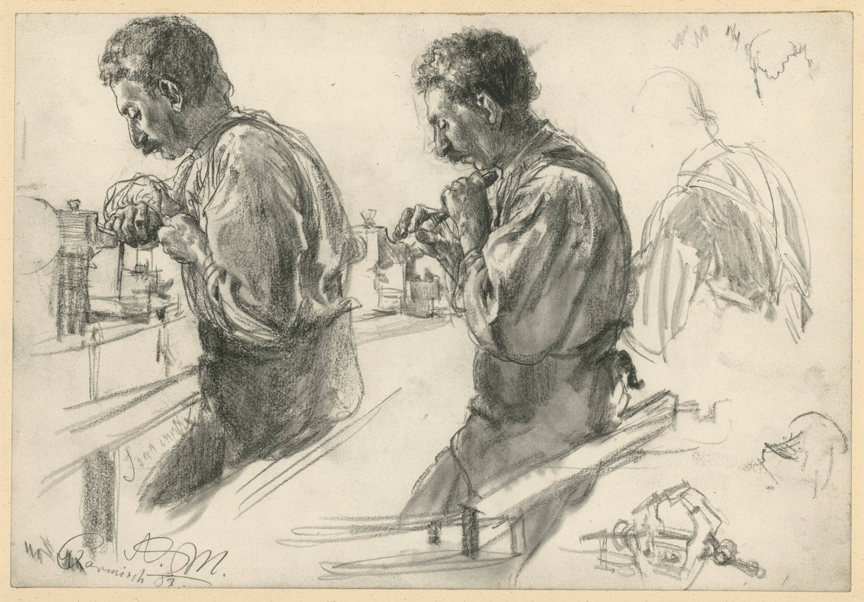 Een draaier aan de werkbank, twee studies en details door Adolph Menzel