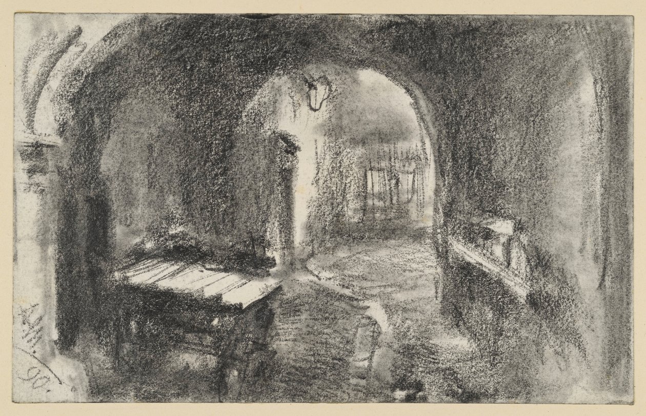Een donkere, gewelfde doorgang, met daar vooraan een handkar door Adolph Menzel