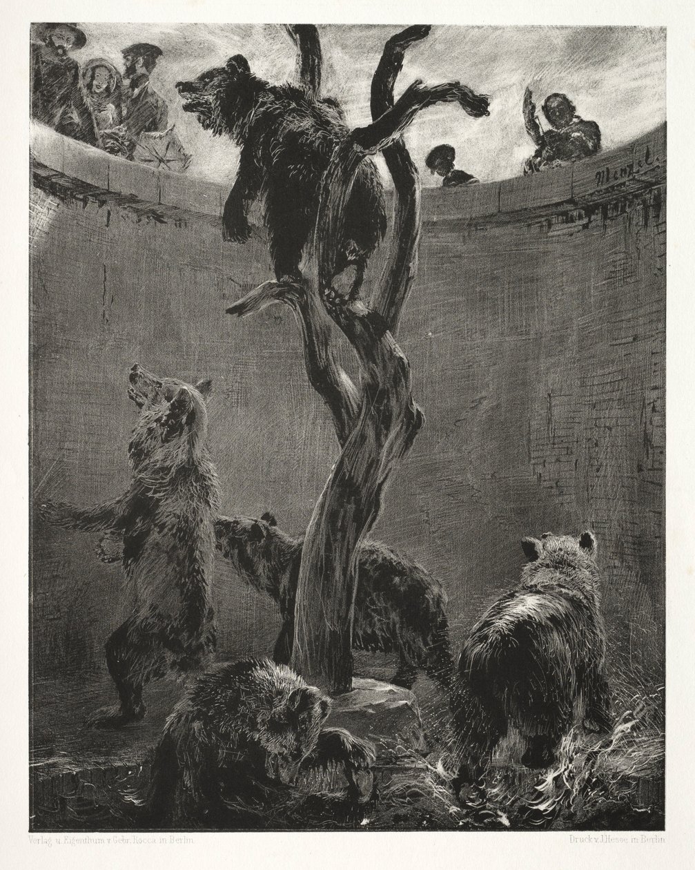 Essay on Stone with Brush and Scraper: De Berenkuil, 1851 door Adolph Menzel