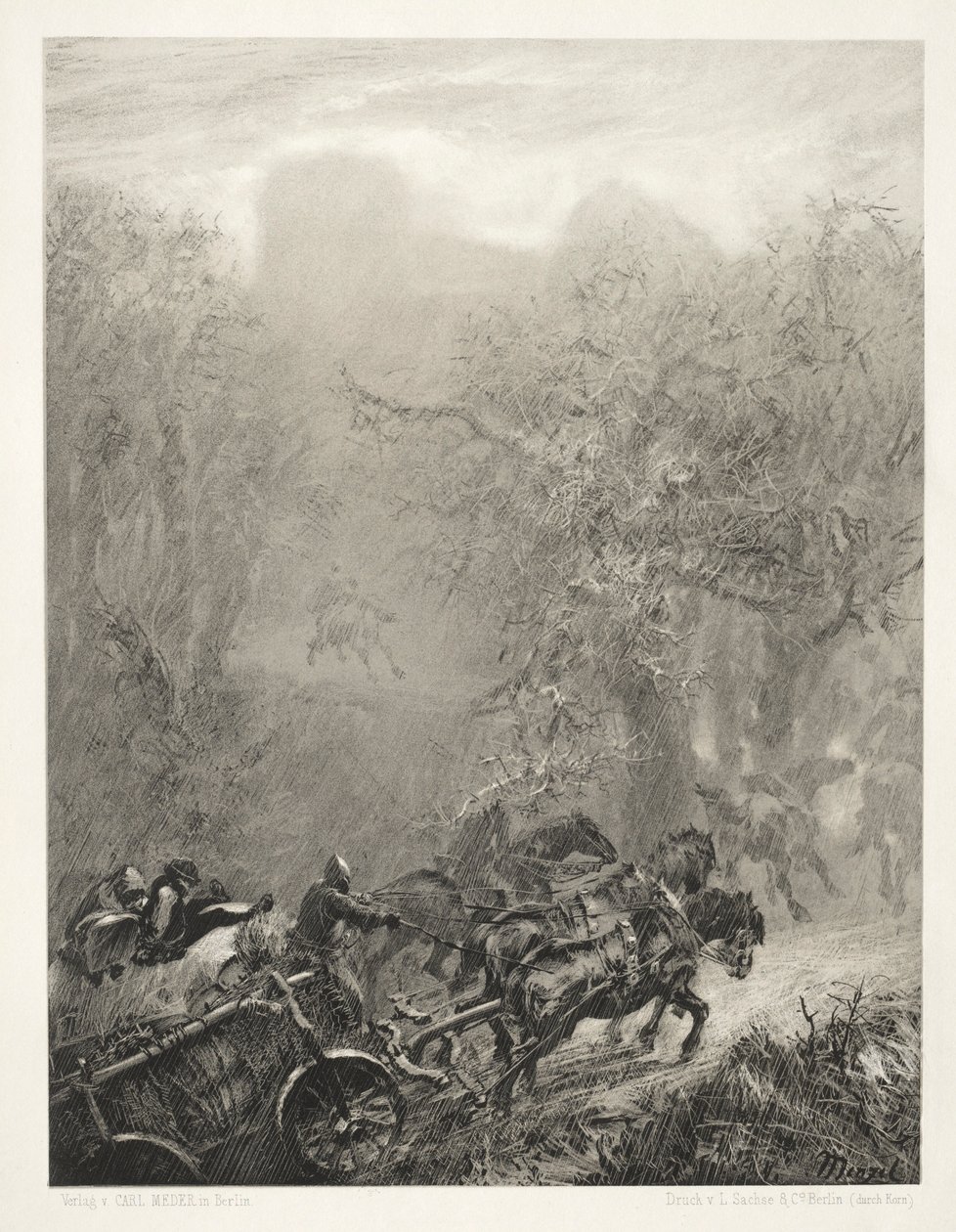 Essay on Stone with Brush and Scraper: Het konvooi van gevangenen door een bos, 1851 door Adolph Menzel