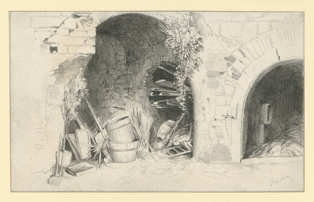 Vaten en planken onder de bogen van de Jungfernbastei in Dresden door Adolph Menzel