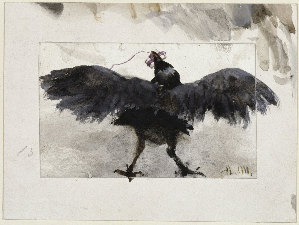 Een fladderende raaf met een pakketje in zijn snavel door Adolph Menzel