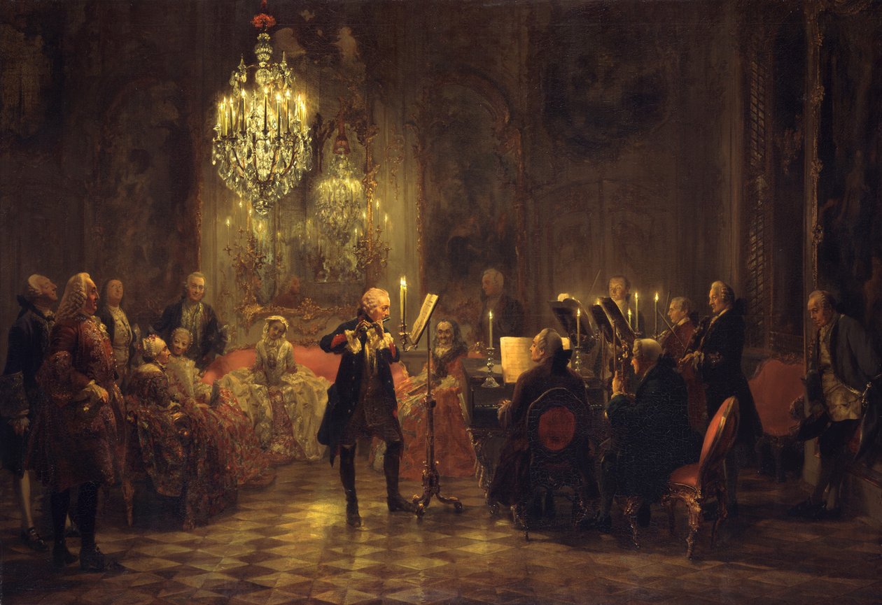 Het fluitconcert van koning Frederik II in Sanssouci door Adolph Menzel