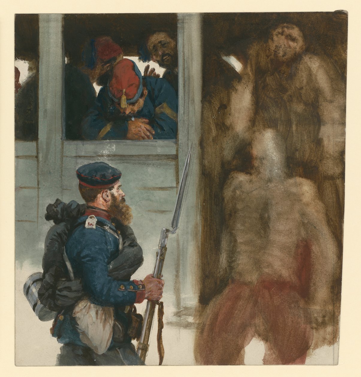 Frans gevangenenkonvooi in treinwagons, met vooraan een Pruisische infanterist, scène uit de oorlog van 1870 door Adolph Menzel