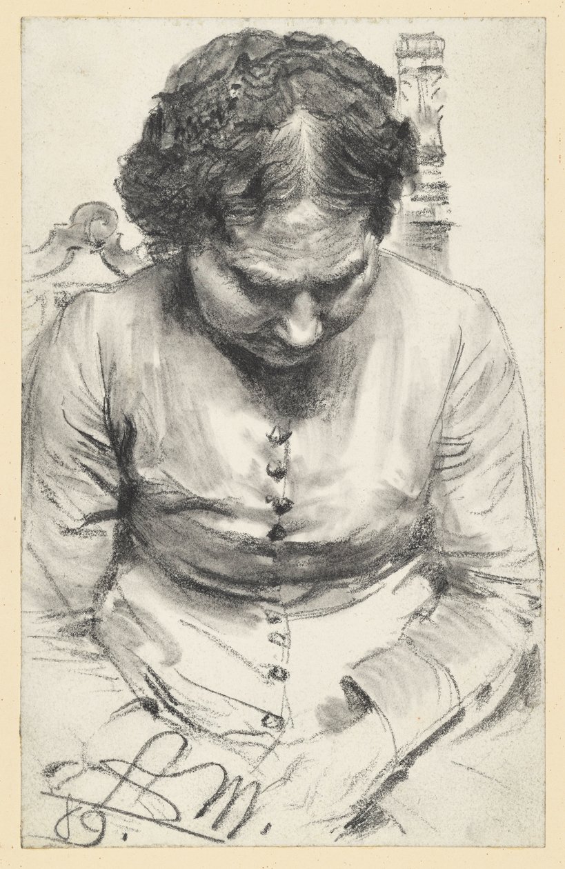 Een vrouw met een mutsje, zittend in een fauteuil, met het hoofd iets gebogen door Adolph Menzel