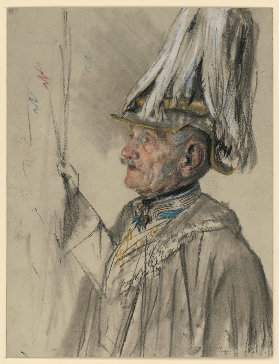 Friedrich graaf von Wrangel in mantel, met helm en pluim, bijna in profiel naar links, portretstudie voor „De kroning van Wilhelm I in Königsberg“ door Adolph Menzel