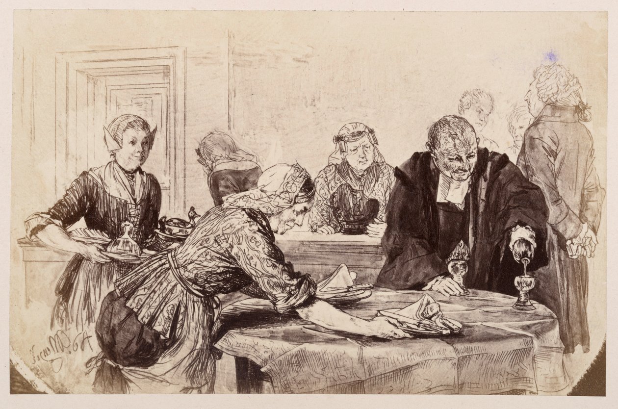 Ontbijtpauze. De dienstmeisjes dekken de tafel, Adam schenkt in. Links loopt de raadsheer ongeduldig heen en weer, naar Heinrich von Kleist, „De gebroken kruik“ door Adolph Menzel