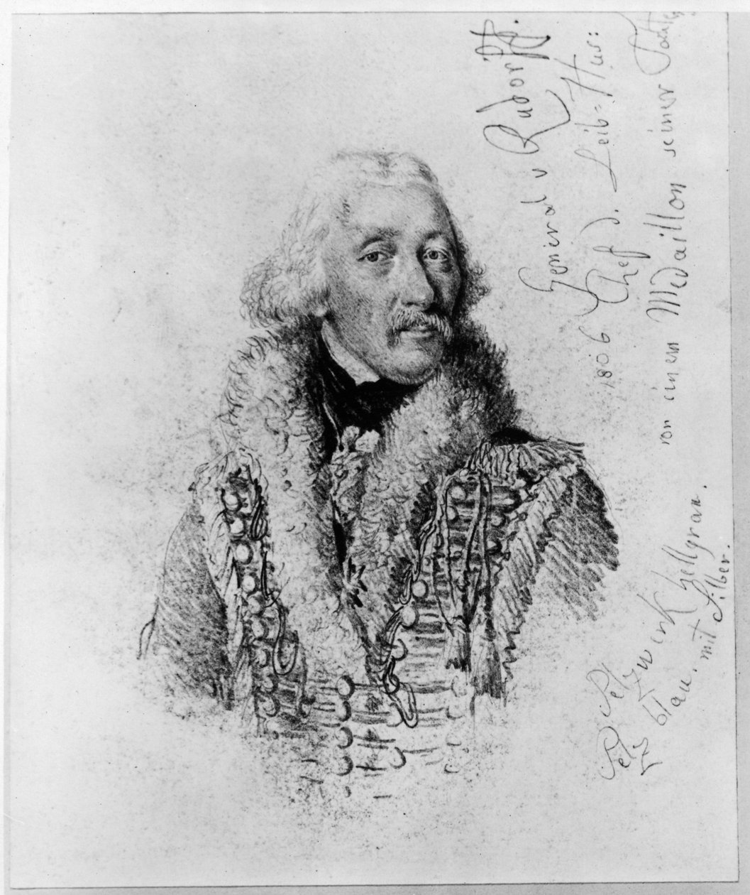 Generaal von Rudorff, commandant van de lijfhuzaren, met notities door Adolph Menzel