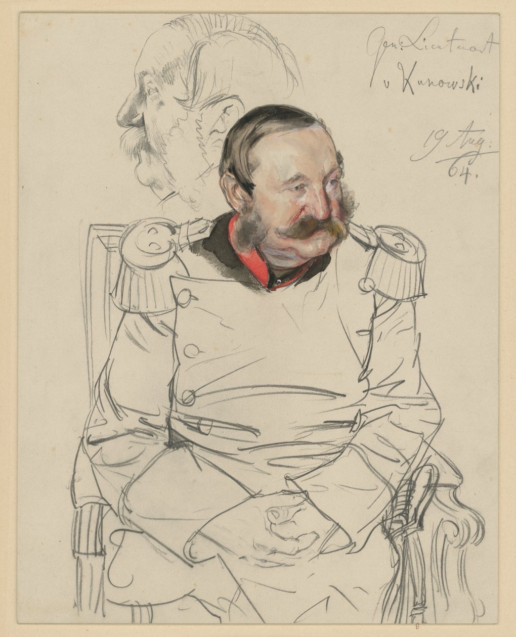Generaal-luitenant von Kumowski, kniebeeld, zittend in vooraanzicht, hoofd naar links gebogen, links: hoofdstudie in profiel naar links, portretstudie voor „De kroning van Wilhelm I in Königsberg“ door Adolph Menzel