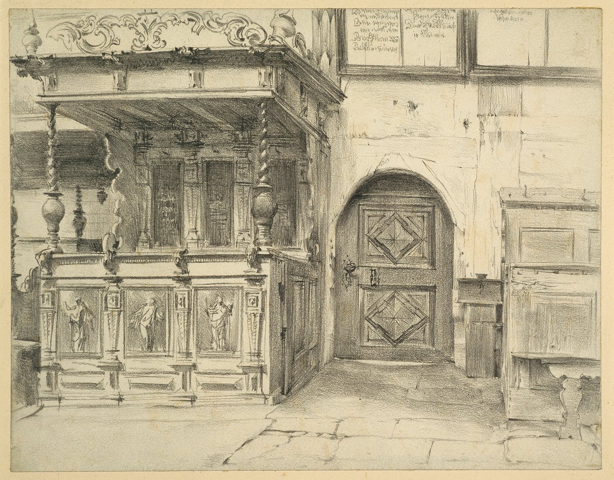 Kerkbanken en deur in de Friedenskirche in Jauer door Adolph Menzel