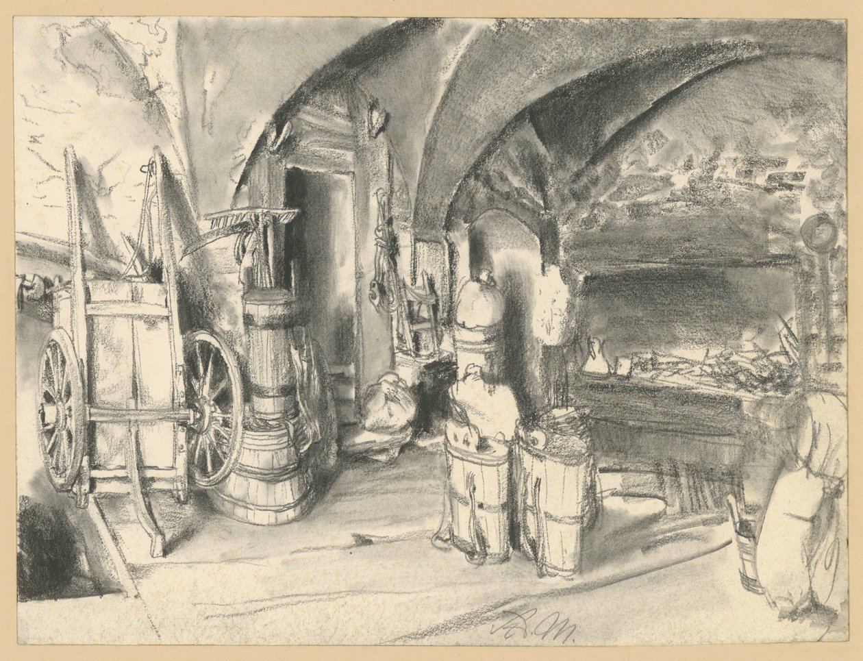 Gewelfde ruimte met huishoudelijke en landbouwwerktuigen door Adolph Menzel
