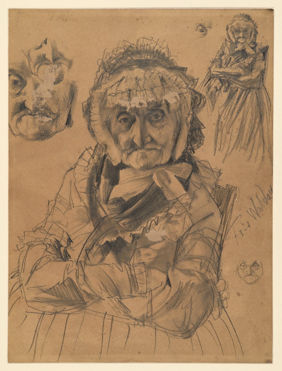 Zittende halffiguur en face; rechtsboven: kniestuk en oog; links: twee gezichtsstudies; rechtsonder: kleine gezichtsstudie; opschrift Fr. v. Waldow. Voorstudie voor het schilderij “Fluitconcert van Frederik de Grote in Sanssouci” door Adolph Menzel