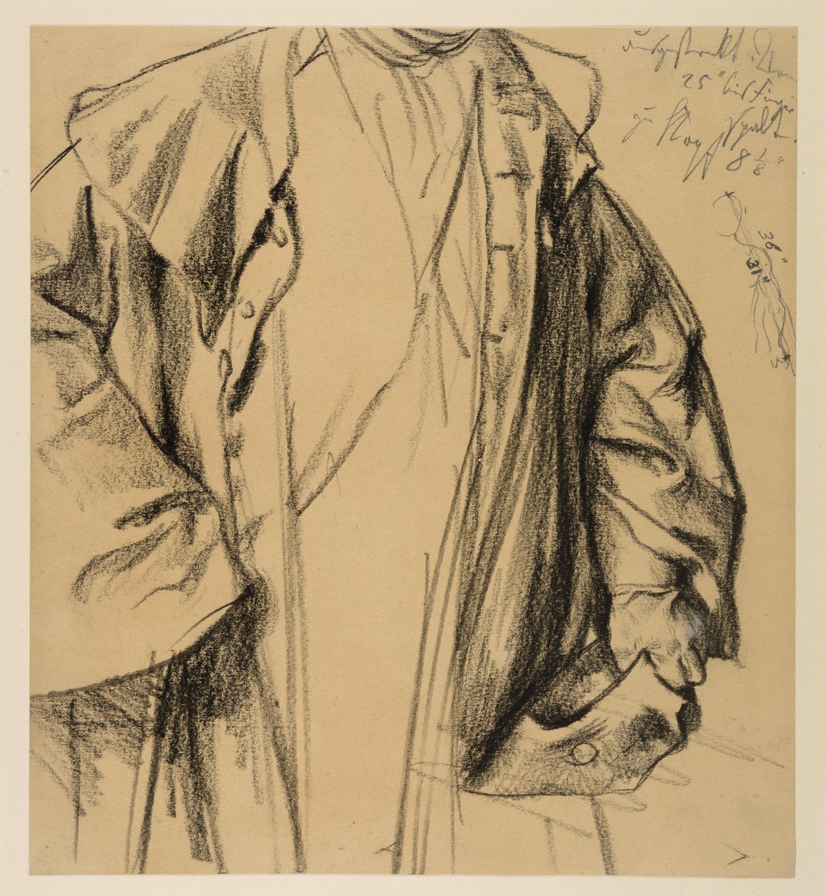 Heinrich von Kleist, De gebroken kruik: modelstudie van een officier in een mantel, zonder hoofd, half figuur met een hoed in de linkerhand en een wandelstok in de rechterhand door Adolph Menzel