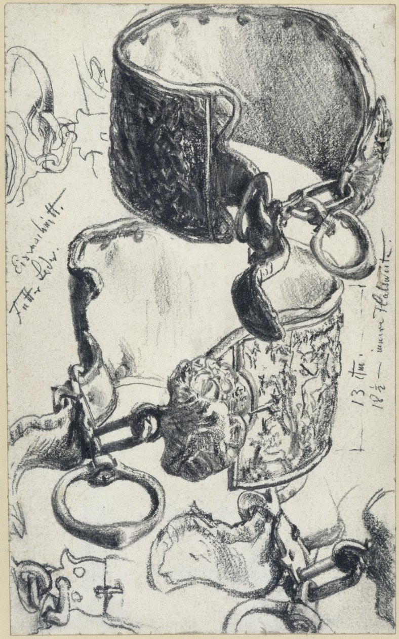 Hondenhalsband voor een „Saupacker“ uit de 17e eeuw, in twee aanzichten en detailstudies, Historisch Museum, Dresden door Adolph Menzel