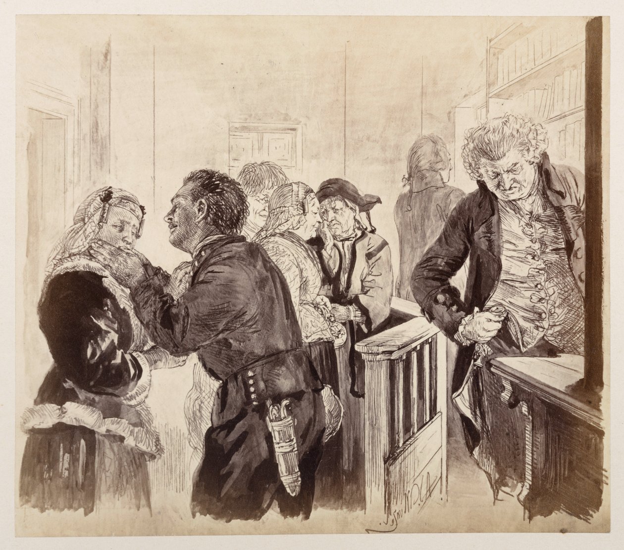 In de rechtszaal na de vlucht van Adam. De rechter kijkt op zijn horloge. Eve en Ruprecht verzoenen zich, naar Heinrich von Kleist, „De gebroken kruik“ door Adolph Menzel