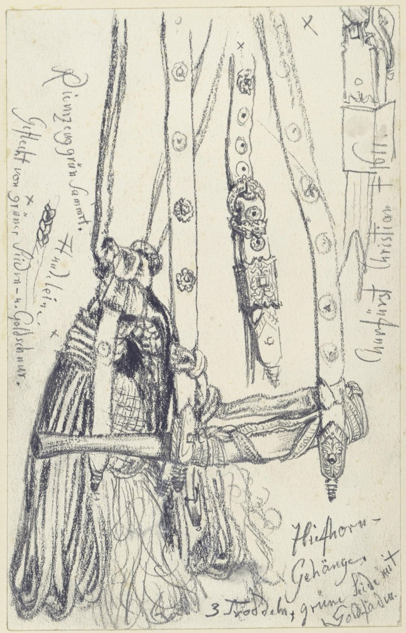 Jachthoorn, hoornriem en hoornkoord voor het smaragden jachtwapenstel van Johan George I van Saksen, Historisch Museum, Dresden door Adolph Menzel
