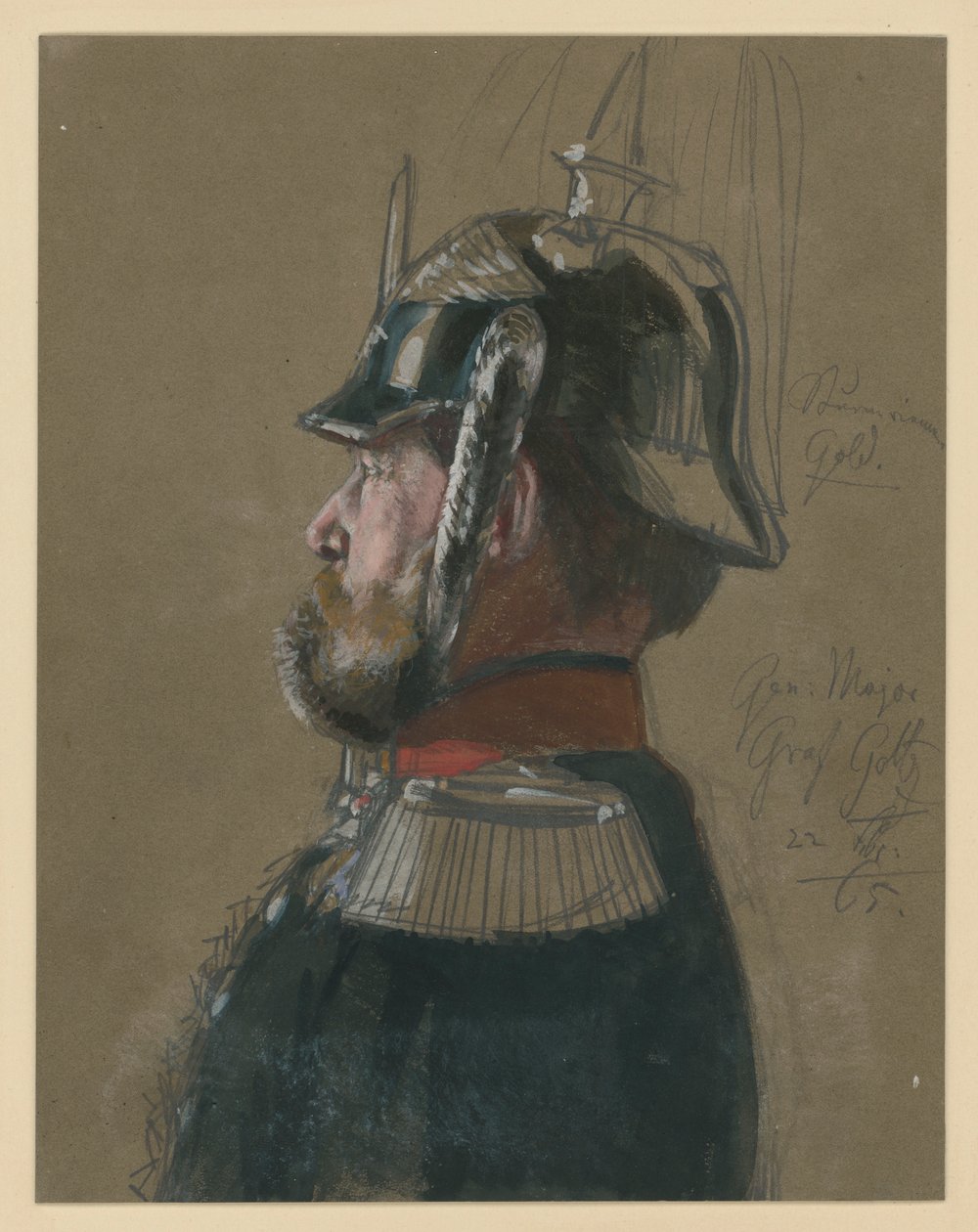 Karl Friedrich graaf von Goltz, generaal-majoor, borstportret met helm en degen, profiel naar links, portretstudie voor „De kroning van Wilhelm I in Königsberg” door Adolph Menzel