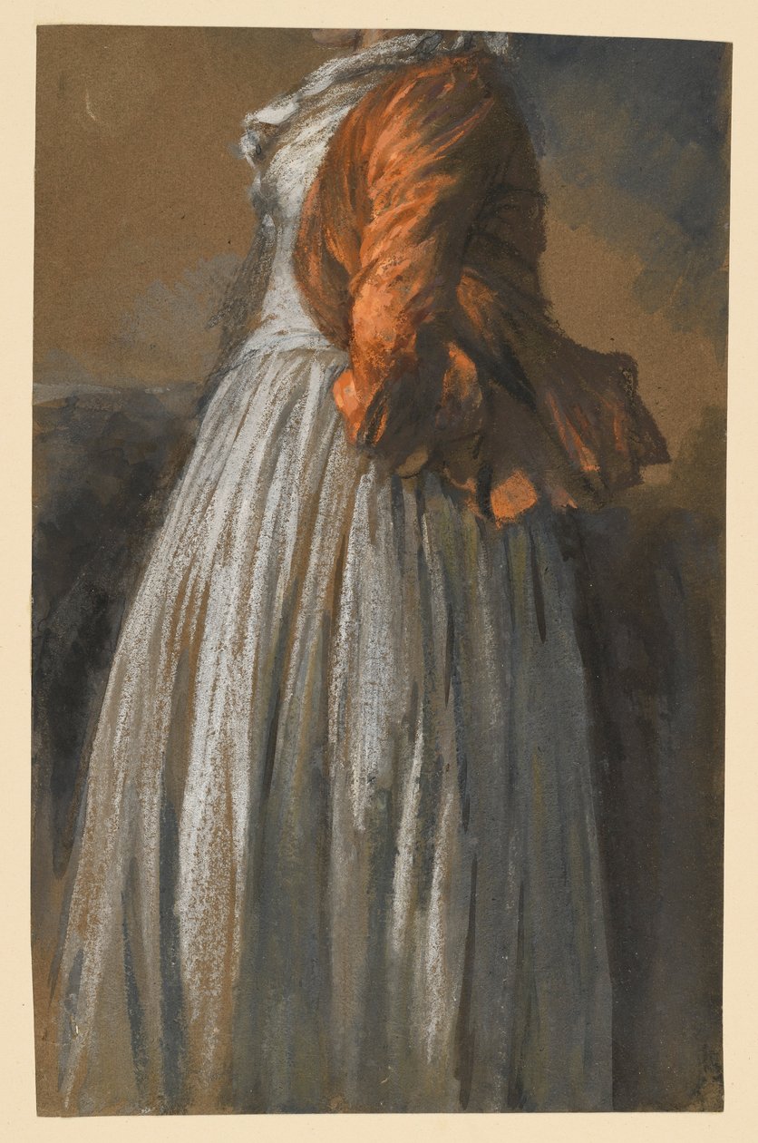 Studie van een jurk en een jas van een vrouwenfiguur die naar rechts staat door Adolph Menzel