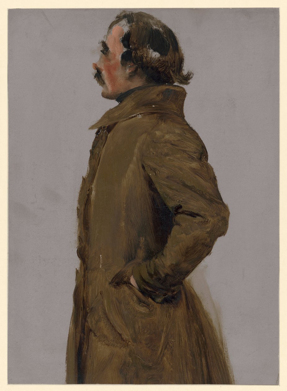 Kniebeeld, studie voor het schilderij „Preek in de kloosterkerk“, profielweergave van een man van middelbare leeftijd zonder hoofddeksel, naar links kijkend door Adolph Menzel
