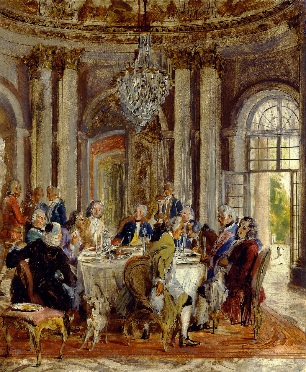 De tafelronde van koning Frederik II in Sanssouci. Schets door Adolph Menzel