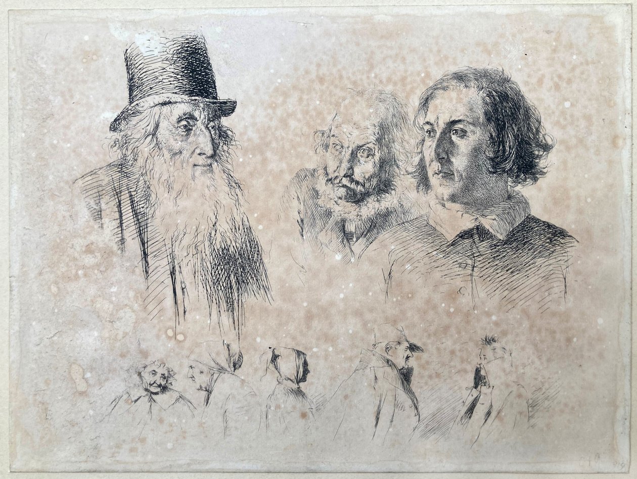 Hoofd- en figuurstudies, blad 2 uit de serie "Radir-experimenten" door Adolph Menzel