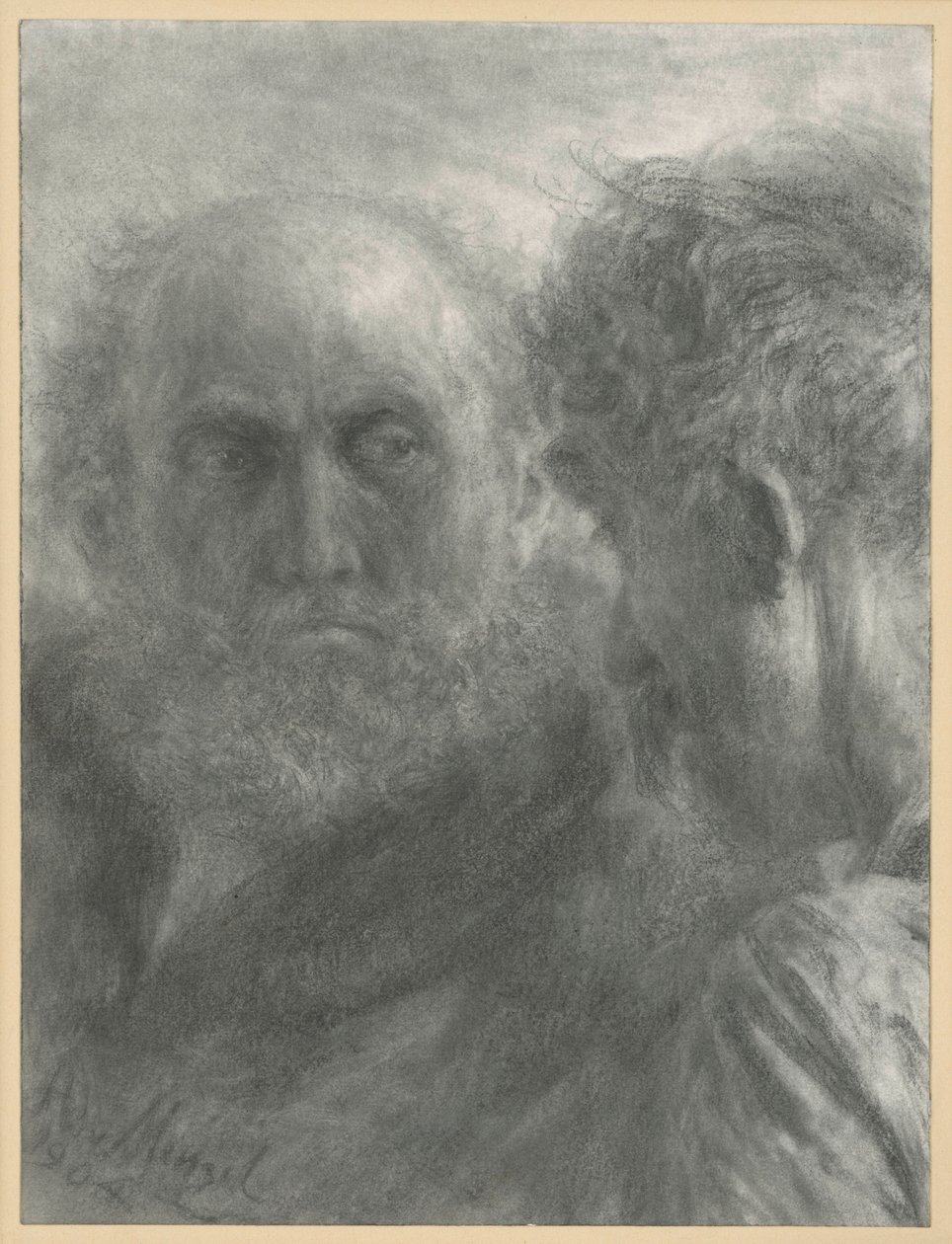 De hoofden van twee oude, bebaarde mannen door Adolph Menzel