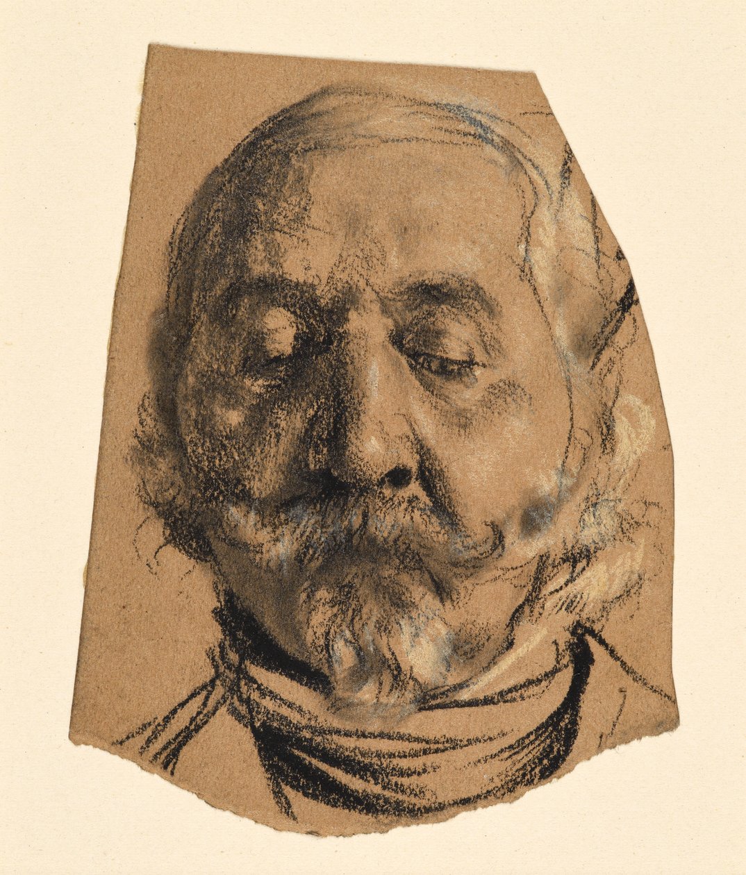 Kop van een man met snor, sik en gesloten ogen door Adolph Menzel