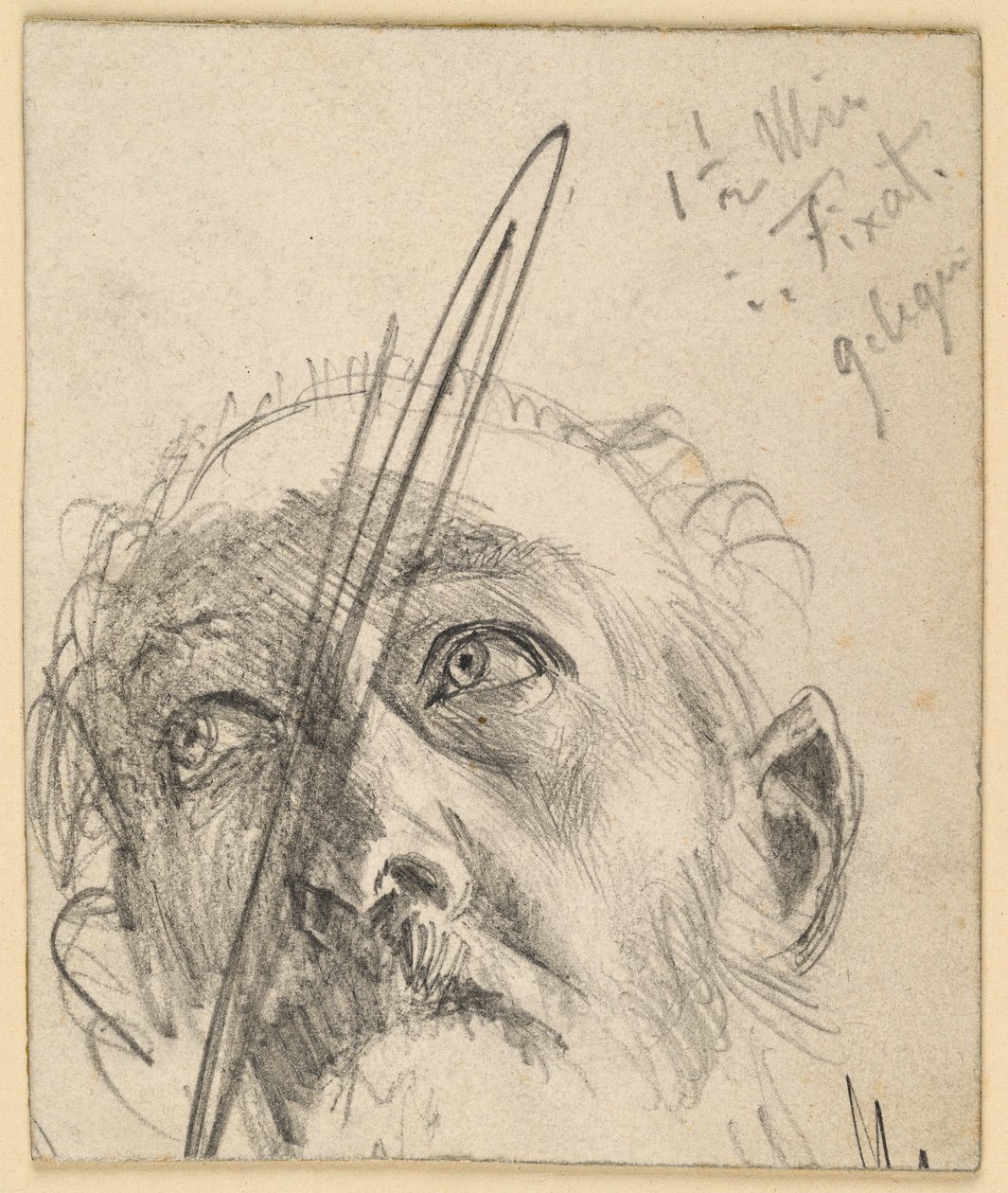 Hoofd van een omhoogkijkende man met snor, het hoofd enigszins opzij geneigd door Adolph Menzel