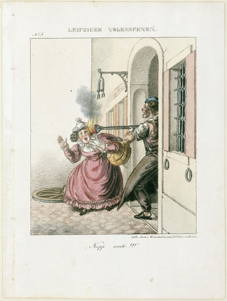 "Kopp, wakker worden!". Uit: Leipziger Volksszenen door Adolph Menzel