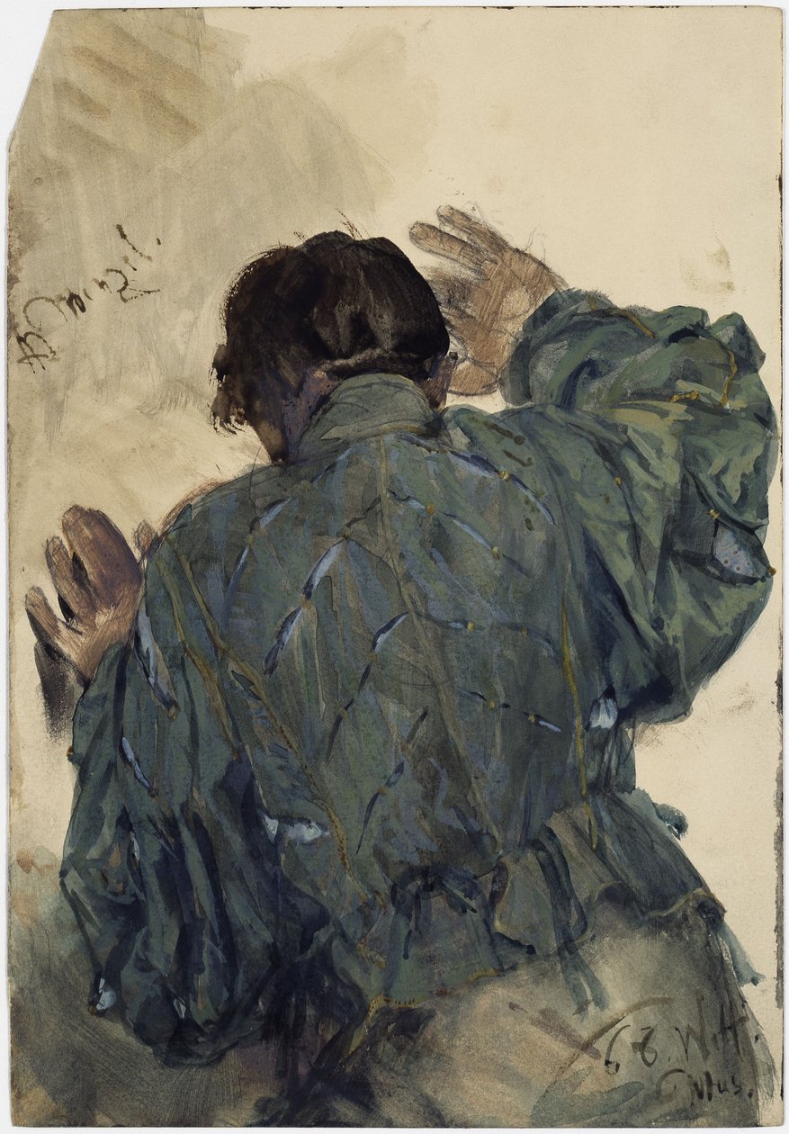 Kostuumstudie van een man, gezien vanaf de rug, leunend tegen de muur, Welfenmuseum Hannover door Adolph Menzel