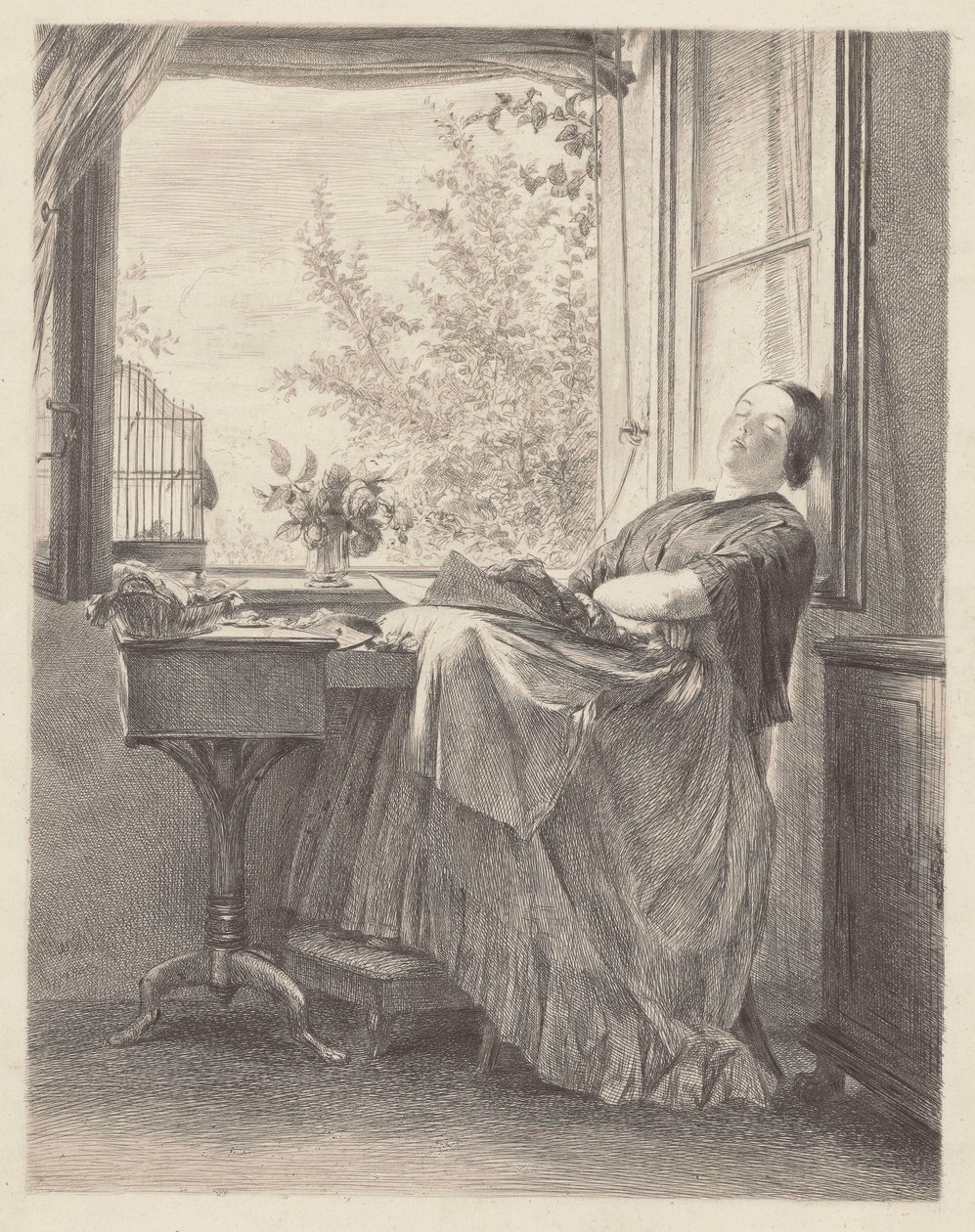 Slapende naaister bij het raam (Emilia, Menzels zuster, later mevrouw Krigar). door Adolph Menzel