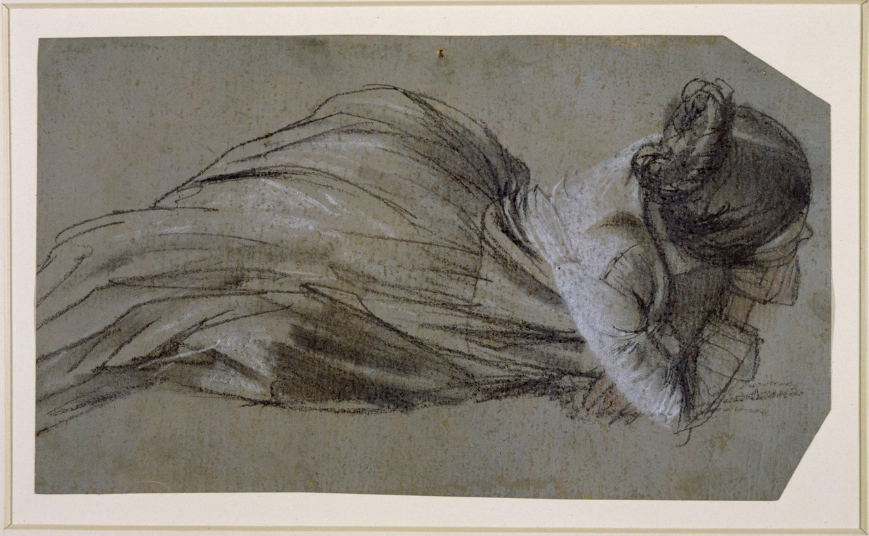 Liggend vrouwenfiguur met de arm naar rechts gestut (Menzels zus Emilie) door Adolph Menzel