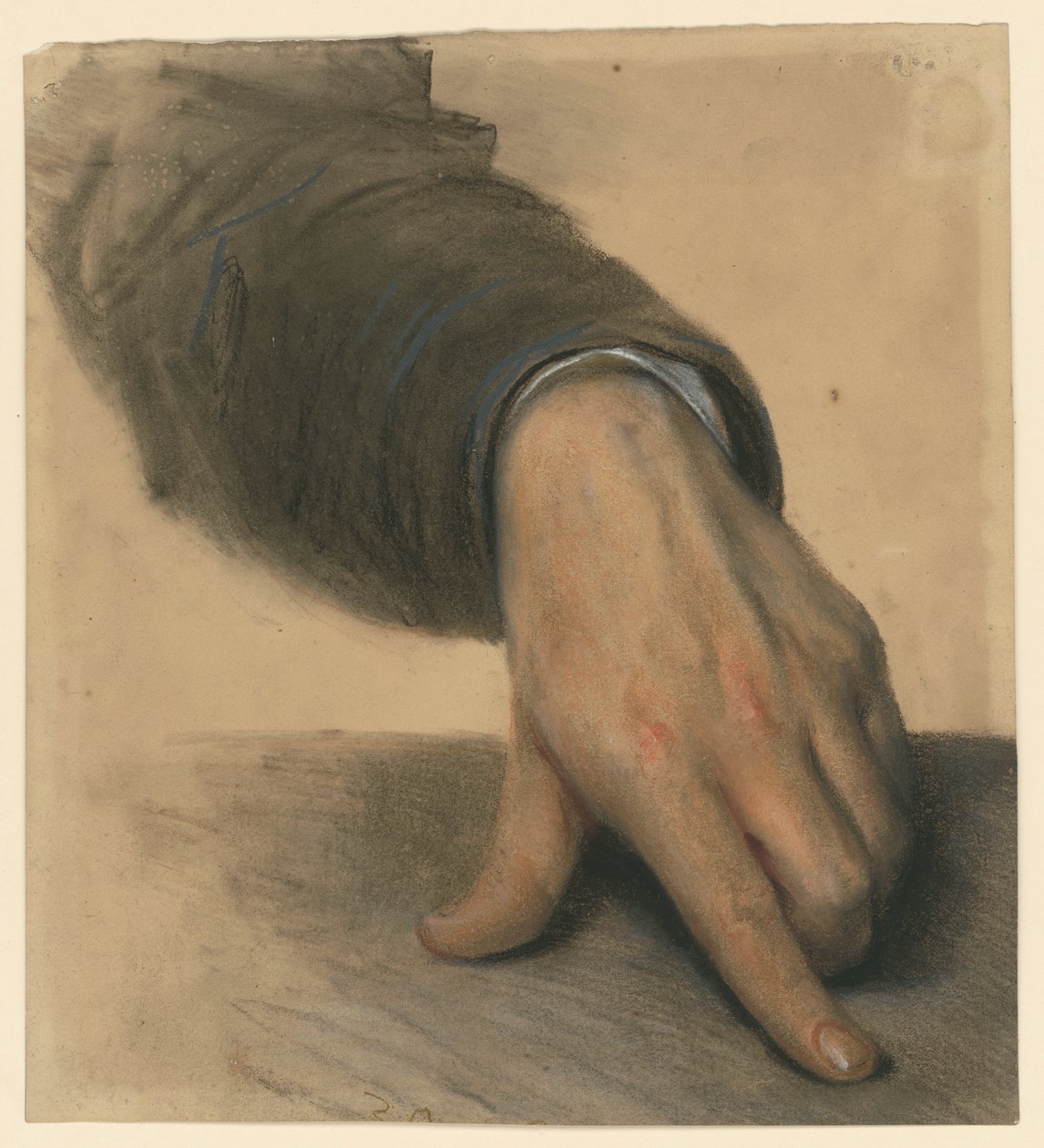 Linkerhand met onderarm in de mouw, duim en wijsvinger uitgestrekt op een vlak door Adolph Menzel