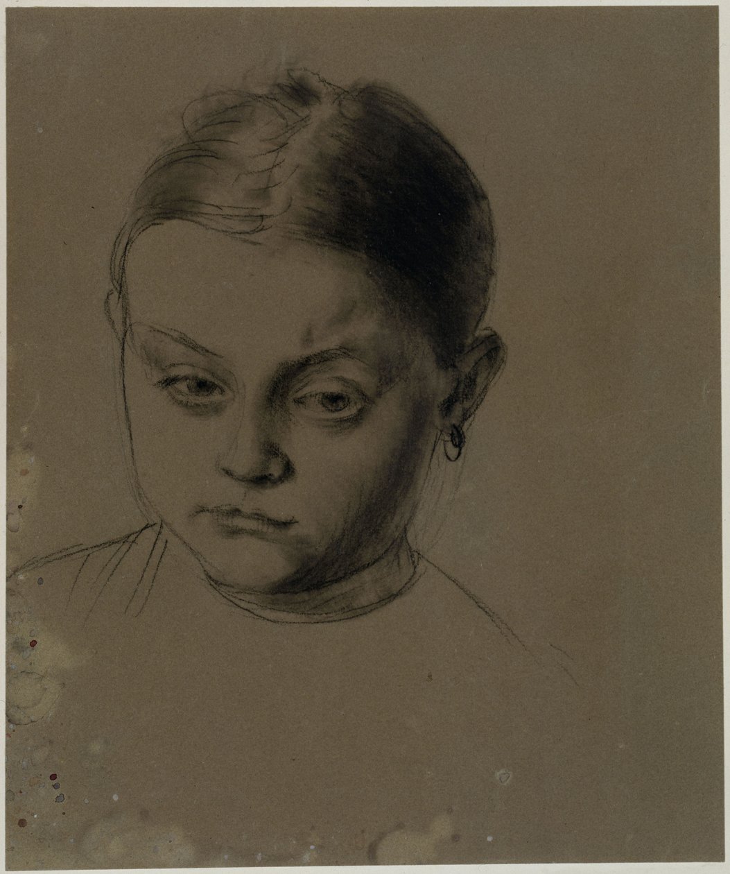 Meisjeshoofd in vooraanzicht, met licht gebogen hoofd, oorbel door Adolph Menzel