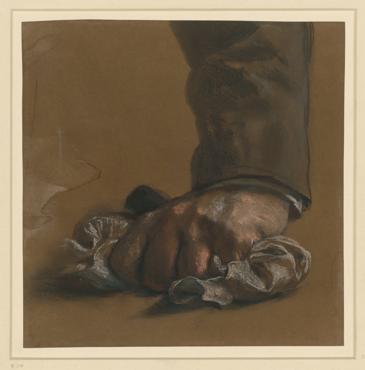 Studie van een mannenhand en mouw. De hand pakt een doek vast door Adolph Menzel