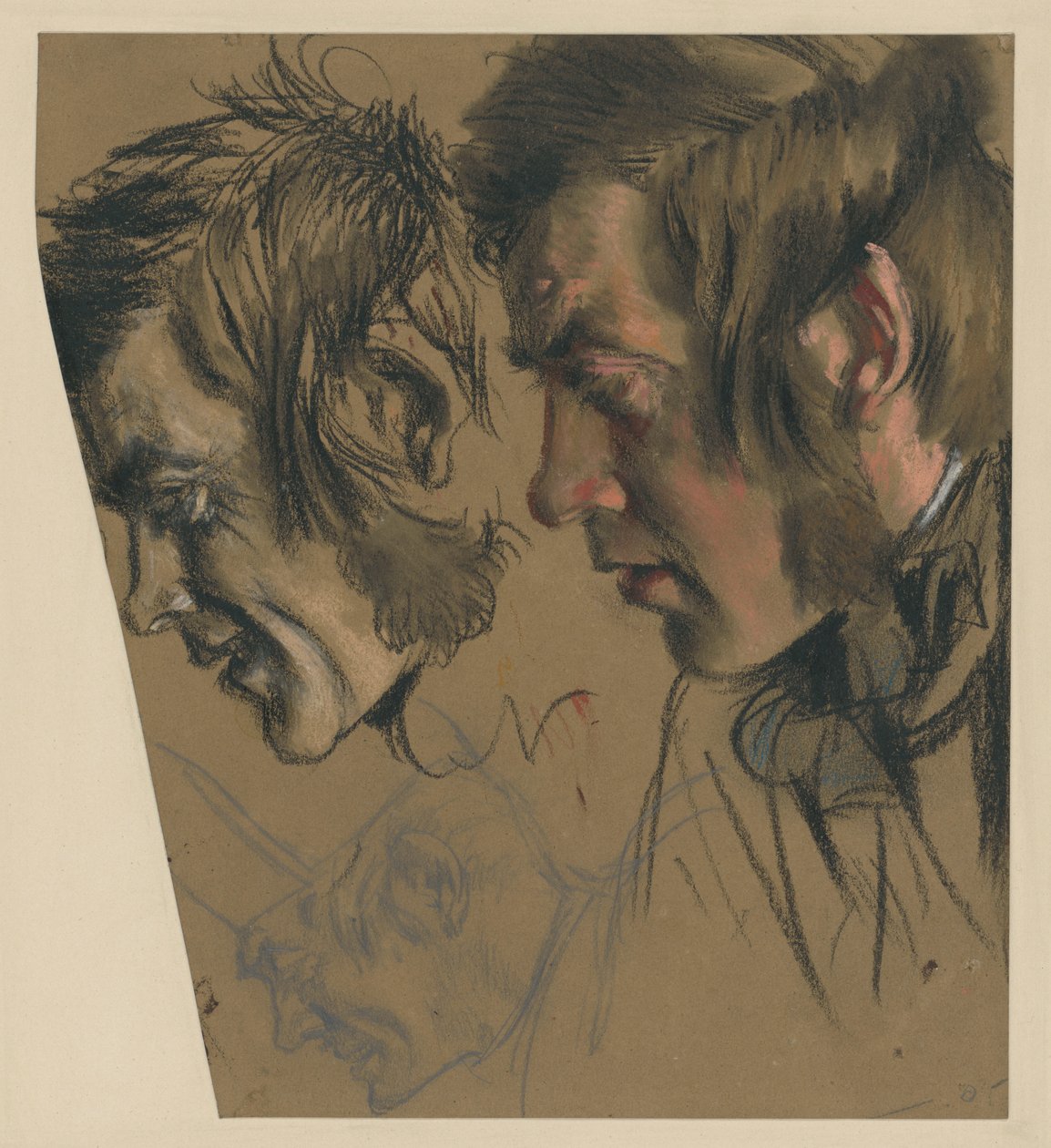 Mannelijke kop met bakkebaarden, voorovergebogen; links: kleinere herhaling, onder: dezelfde met pet door Adolph Menzel