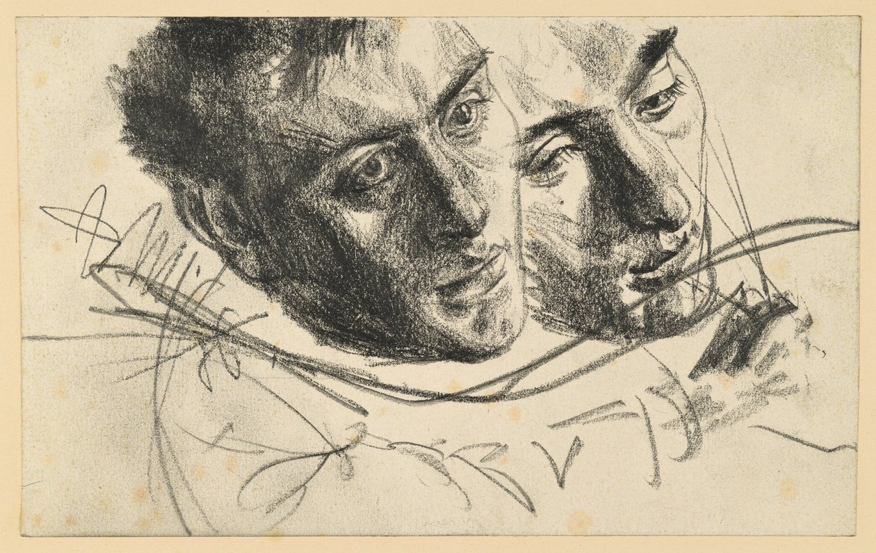 Mannelijke kop, naar rechts en opzij gebogen, twee studies door Adolph Menzel