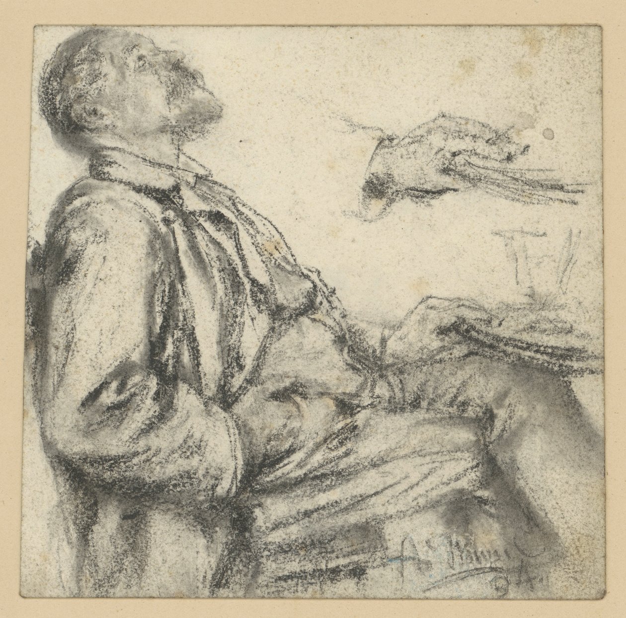 Man zittend aan een tafel, naar rechts gekeerd, met het hoofd achterover, omhoog kijkend, en een handstudie door Adolph Menzel
