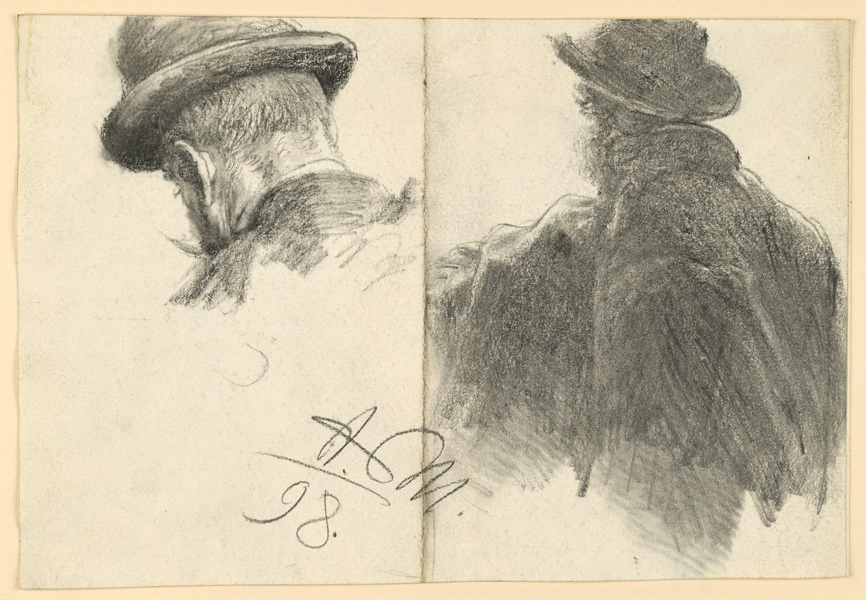 Man met hoed van achteren gezien, hoofd herhaald door Adolph Menzel