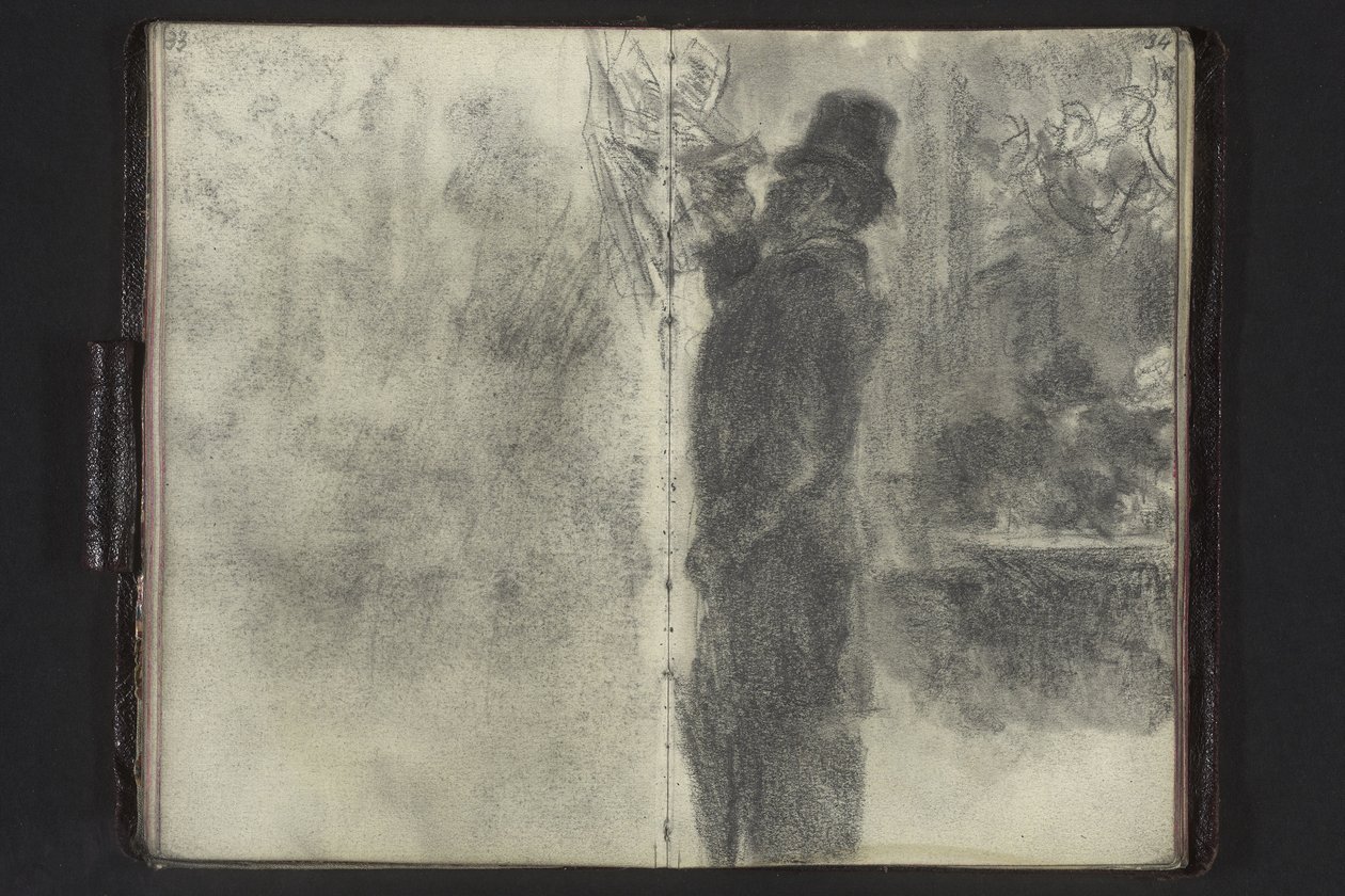 Een man met een hoge hoed en een paraplu die de briefjes bekijkt die aan de muur hangen door Adolph Menzel