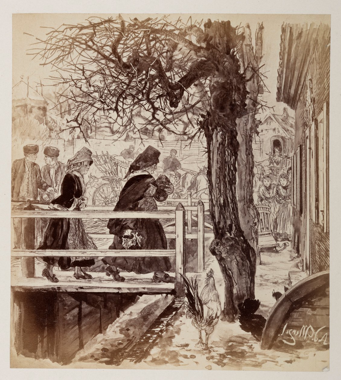 Marthe loopt, gevolgd door Eve, met de scherven over een brug naar links; rechts ziet men ook Veit en zijn zoon Ruprecht aankomen, bij „De gebroken kruik” van Heinrich von Kleist door Adolph Menzel