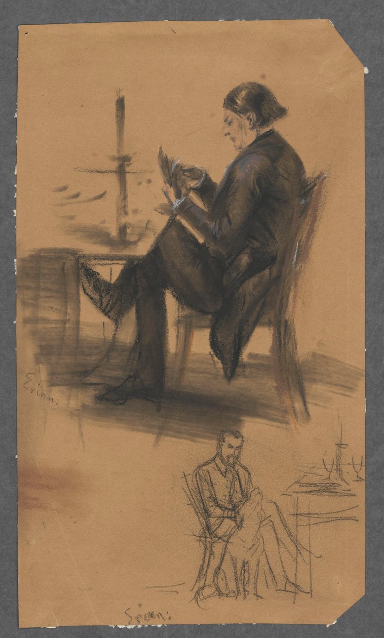Een man met kaarten in zijn hand, aan een speeltafel (boven); een man die aan een tafel zit en een hond aait (onder) door Adolph Menzel