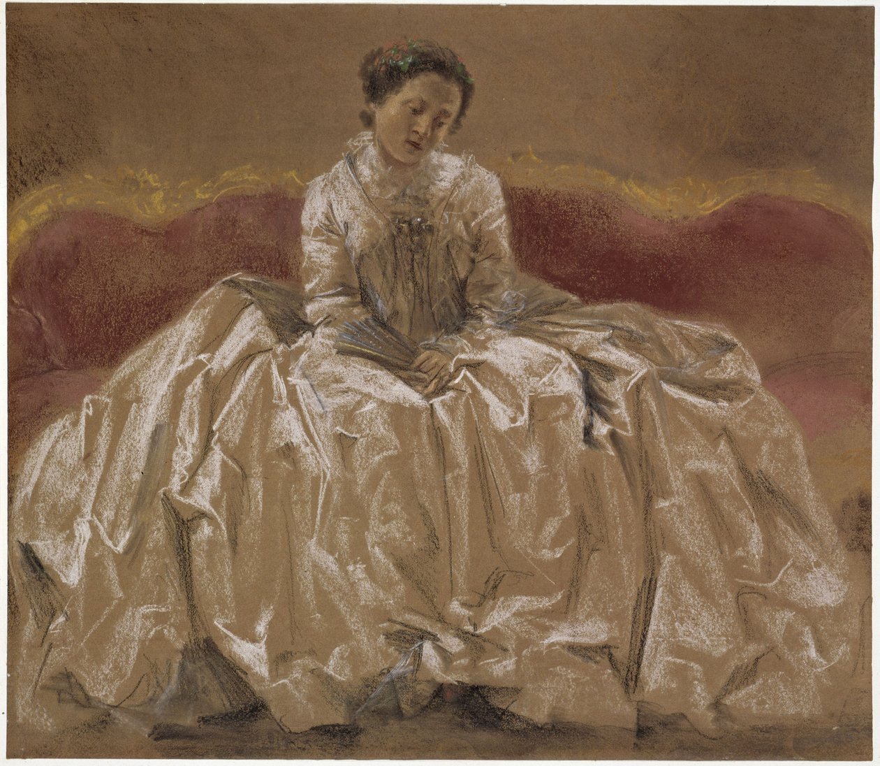 Modelstudie (Emilie, de zus van Menzel) van prinses Wilhelmine van Pruisen (markgravin Wilhelmine van Bayreuth), zittend op de bank. Voorstudie voor het schilderij „Het fluitconcert van Frederik de Grote in Sanssouci“ door Adolph Menzel