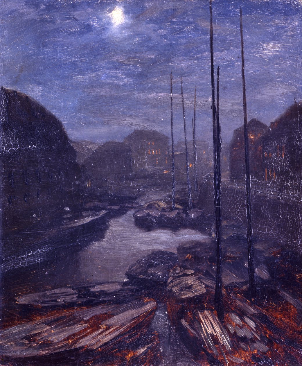 Maanlicht boven de Friedrichsgracht in het oude Berlijn door Adolph Menzel