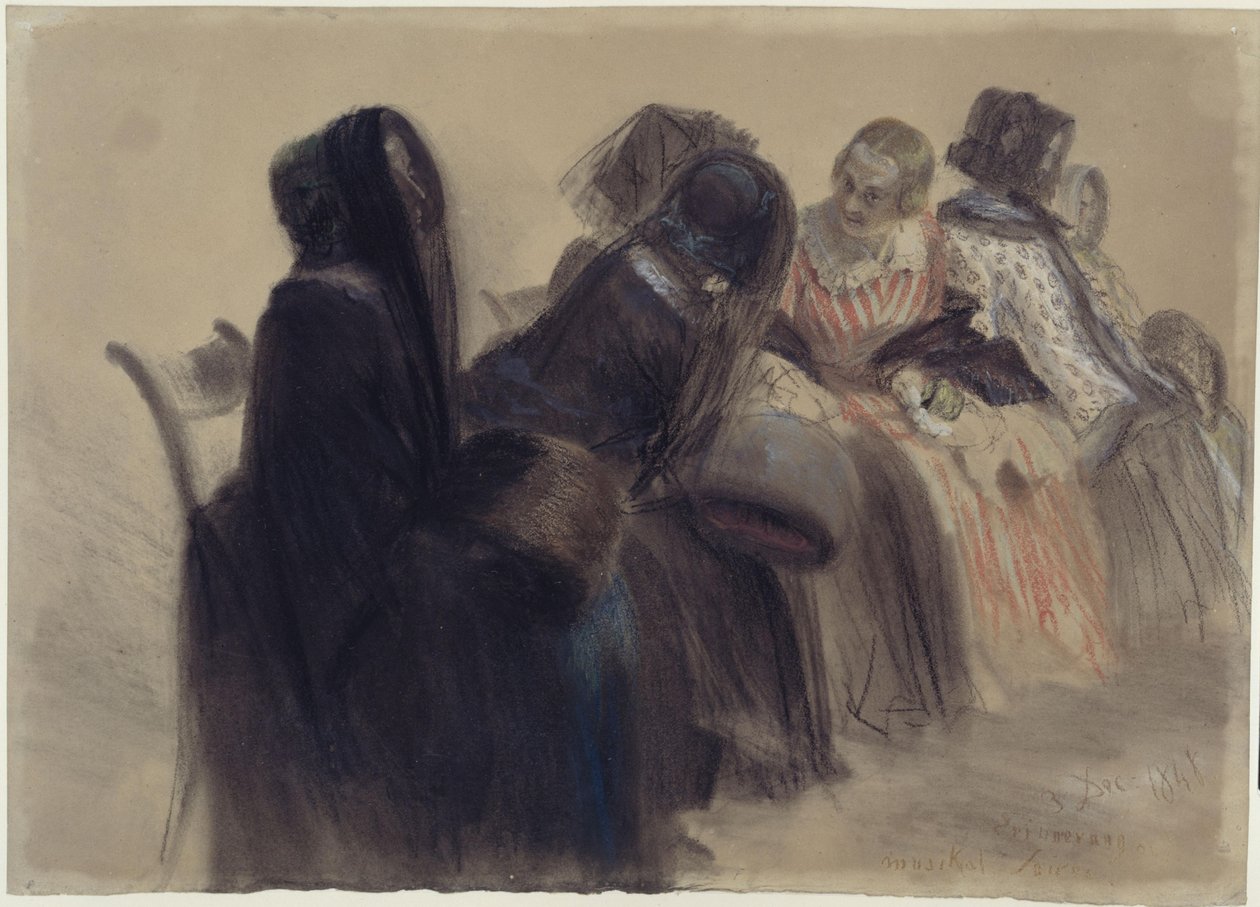 Muzikale avond, zes dames zitten op stoelen in een rij die naar rechts in de diepte loopt, deels in gesprek door Adolph Menzel