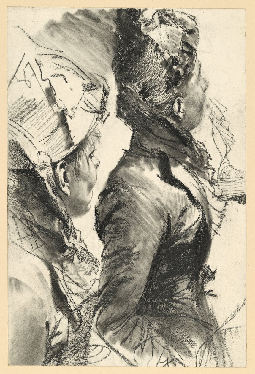 Vrouw met hoed die naar rechts kijkt, halffiguur in profiel, twee studies door Adolph Menzel